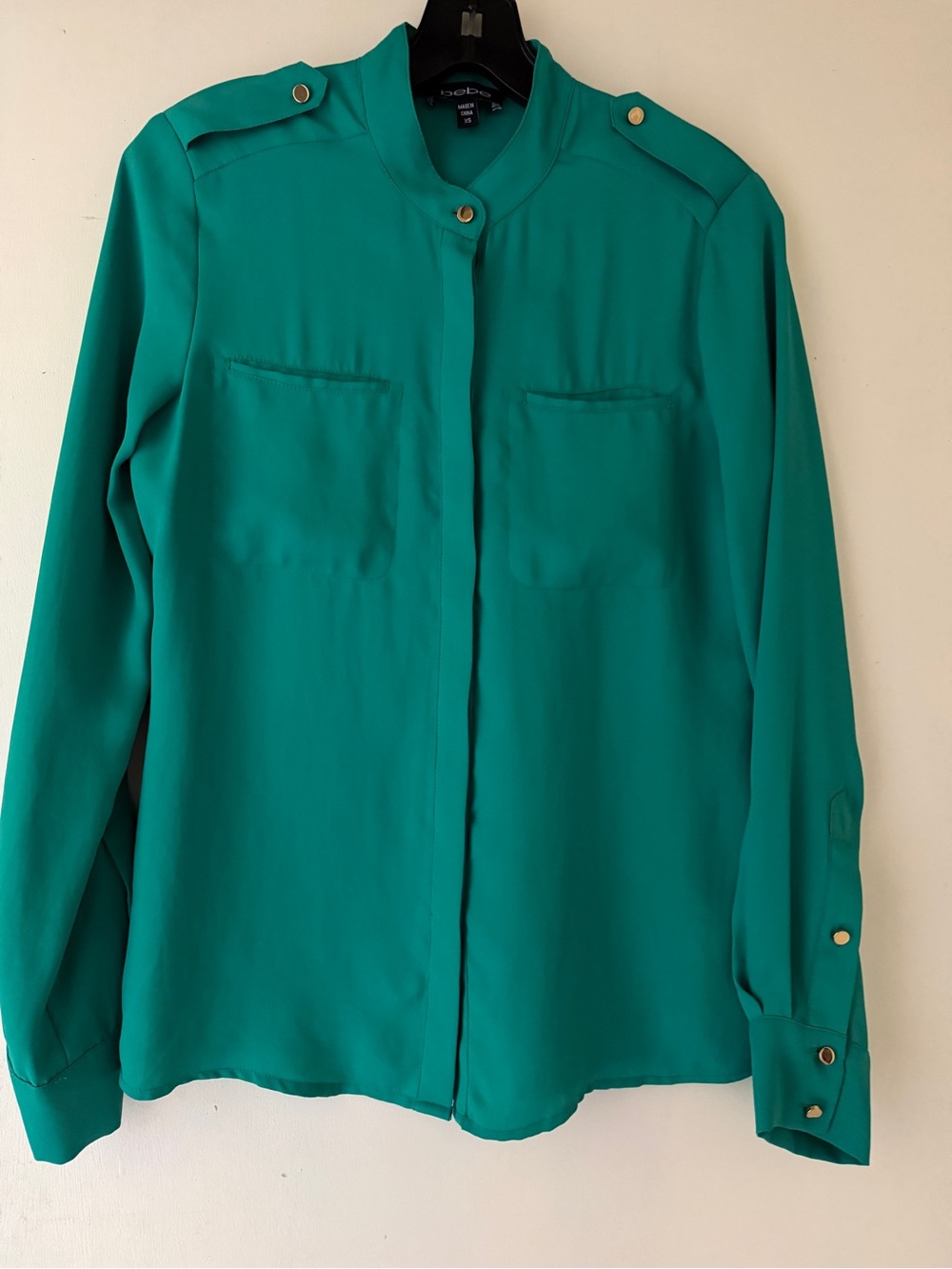 bebe Teal Green Long-Sleeve Band Collar Blouse